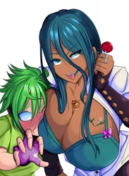 Size: 2226x3039 | Tagged: suggestive, alternate version, artist:0ryomamikado0, derpibooru import, queen chrysalis, spike, human, comic:highschool dragon, big breasts, blank eyes, blood, boob smothering, boob squish, bra, breasts, busty queen chrysalis, candy, chryspike, cleavage, clothes, dark skin, female, food, huge breasts, humanized, lollipop, male, nosebleed, open clothes, open shirt, reversalis, shipping, simple background, smiling, smothering, straight, stupid sexy chrysalis, tattoo, tongue out, underwear, white background
