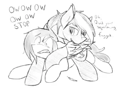 Size: 2256x1670 | Tagged: safe, artist:candel, derpibooru import, oc, oc:candlelight, oc:zanith, unofficial characters only, earth pony, pegasus, pony, biting, bully, bullying, faggot, feather, forced, gritted teeth, grooming, male, monochrome, preening, simple background, sketch, smug, vulgar, white background, wings