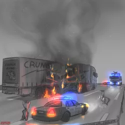 Size: 2000x2000 | Tagged: safe, artist:orang111, derpibooru import, oc, earth pony, pony, accident, crown victoria, fire, fire engine, ford, inktober, man tgx, monochrome, police car, police officer, semi truck, truck, volvo fh