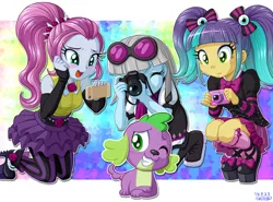 Size: 1082x800 | Tagged: safe, artist:uotapo, derpibooru import, edit, editor:slayerbvc, photo finish, pixel pizazz, spike, violet blurr, dog, equestria girls, rainbow rocks, accessory-less edit, blushing, camera, cute, missing accessory, mobile phone, one eye closed, paws, phone, smartphone, smiling, spikabetes, spike the dog, the snapshots, wink
