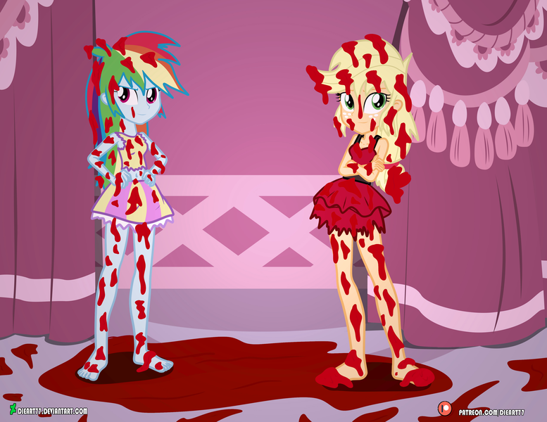 Size: 4000x3090 | Tagged: semi-grimdark, artist:dieart77, derpibooru import, edit, applejack, rainbow dash, equestria girls, barefoot, blood, bloody, carousel boutique, clothes, crossed arms, dirty, dress, feet, freckles, implied murder, implied rarity, patreon, patreon logo, revenge