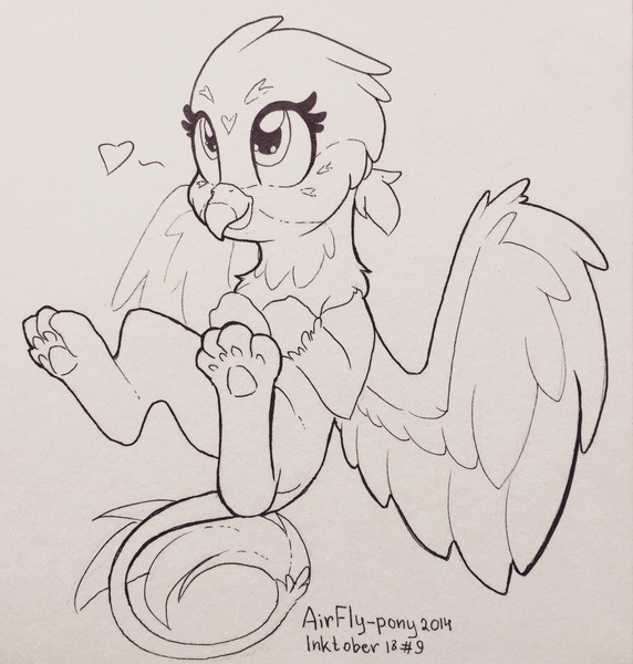 Size: 1221x1280 | Tagged: safe, artist:airfly-pony, derpibooru import, gabby, gryphon, black and white, cute, female, gabbybetes, grayscale, heart, ink drawing, inktober, inktober 2018, lineart, looking up, monochrome, paws, rcf community, simple background, solo, traditional art, underpaw