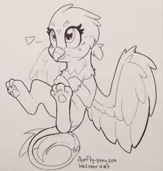 Size: 1221x1280 | Tagged: safe, artist:airfly-pony, derpibooru import, gabby, gryphon, black and white, cute, female, gabbybetes, grayscale, heart, ink drawing, inktober, inktober 2018, lineart, looking up, monochrome, paws, rcf community, simple background, solo, traditional art, underpaw