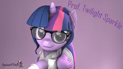 Size: 1920x1080 | Tagged: safe, artist:spinostud, derpibooru import, sci-twi, twilight sparkle, twilight sparkle (alicorn), alicorn, pony, 3d, clothes, glasses, lab coat, looking at you, purple background, science, simple background, solo, source filmmaker