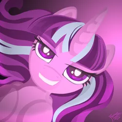 Size: 1500x1500 | Tagged: safe, artist:pedrohander, derpibooru import, starlight glimmer, pony, unicorn, bedroom eyes, bust, grin, looking at you, smiling, solo