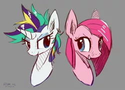 Size: 2000x1445 | Tagged: safe, artist:satv12, derpibooru import, pinkie pie, rarity, earth pony, pony, unicorn, alternate hairstyle, bust, duo, female, gray background, looking at each other, mare, pinkamena diane pie, portrait, punk, raripunk, simple background