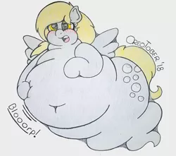 Size: 2412x2128 | Tagged: safe, artist:dorky-oreo-pone, derpibooru import, derpy hooves, ghost, pegasus, pony, undead, aderpose, belly, belly button, big belly, blushing, chubby cheeks, embarrassed, fat, female, floating, huge belly, obese, signature, simple background, solo, squishy, stomach noise, story included, traditional art, weight gain