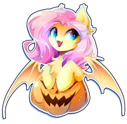 Size: 2173x2133 | Tagged: safe, artist:koveliana, derpibooru import, fluttershy, bat pony, pony, bat ponified, bust, chest fluff, cute, fangs, female, flutterbat, halloween, holiday, jack-o-lantern, looking away, looking sideways, mare, open mouth, pumpkin, race swap, shyabates, shyabetes, simple background, smiling, solo, spread wings, transparent background, wings
