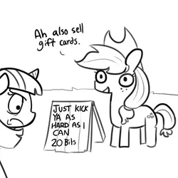 Size: 1280x1280 | Tagged: safe, artist:tjpones, derpibooru import, applejack, twilight sparkle, earth pony, pony, unicorn, black and white, dialogue, duo, female, frown, grayscale, lineart, mare, monochrome, seems legit, sign, simple background, speech, talking, unicorn twilight, white background