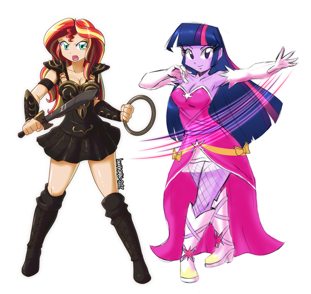 Size: 3072x2896 | Tagged: safe, artist:danmakuman, derpibooru import, edit, editor:backgroundlol, sunset shimmer, twilight sparkle, human, equestria girls, alternate costumes, alternate universe, armor, armor skirt, armpits, boots, chakram, clothes, dress, female, high res, humanized, lesbian, princess, shipping, shoes, simple background, skirt, sunsetsparkle, sword, weapon, xena