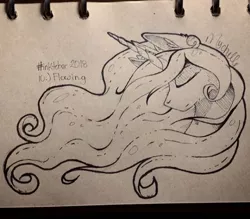 Size: 600x525 | Tagged: safe, artist:mychelle, derpibooru import, princess celestia, pony, bust, eyes closed, inktober, inktober 2018, monochrome, portrait, profile, solo, traditional art