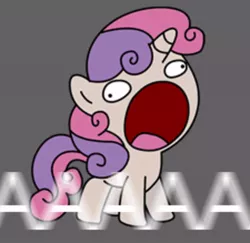 Size: 600x584 | Tagged: safe, derpibooru import, sweetie belle, pony, unicorn, aaaaaaaaaa, derp, female, filly, mare, meme, open mouth, sweetie derelle