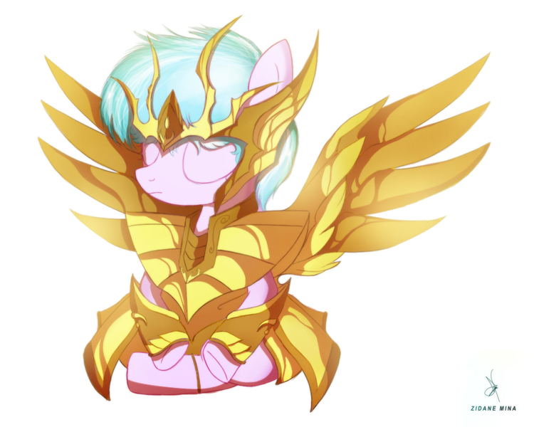 Size: 1200x960 | Tagged: safe, artist:zidanemina, derpibooru import, oc, unofficial characters only, pony, anime, armor, crossover, eyes closed, saint seiya, solo, virgo