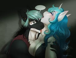Size: 3300x2550 | Tagged: suggestive, artist:askbubblelee, derpibooru import, oc, oc:bubble lee, oc:mako, unofficial characters only, anthro, hybrid, orca, orca pony, original species, anthro oc, big breasts, bite mark, biting, breasts, clothes, cute, cute little fangs, disguise, disguised changeling, ear piercing, eyes closed, fangs, female, licking, lipstick, love bite, makolee, male, neck licking, piercing, question mark, shipping, speech bubble, stallion, straight, surprised, tongue out