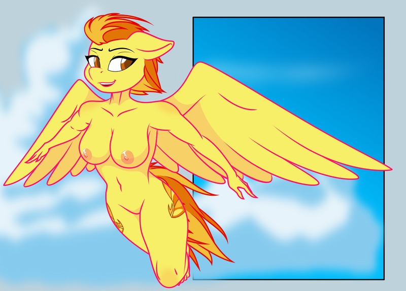 Size: 2601x1867 | Tagged: anthro, artist:up1ter, breasts, busty spitfire, derpibooru import, female, flying, mare, nipples, nudity, pegasus, plantigrade anthro, questionable, solo, solo female, spitfire