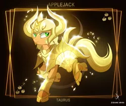 Size: 3840x3232 | Tagged: safe, artist:zidanemina, derpibooru import, applejack, earth pony, pony, anime, armor, crossover, female, god cloth, gold cloth, gold saint, helmet, mare, saint seiya, taurus, zodiac