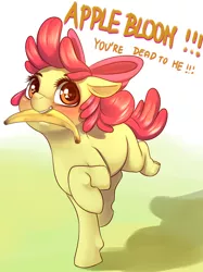 Size: 2768x3696 | Tagged: safe, artist:dankflank, derpibooru import, apple bloom, earth pony, pony, the washouts (episode), 30 minute art challenge, adorabloom, banana, bananabloom, betrayal, betrayed, blushing, bow, cute, disgrace, dishonorapple, dishonored, disowned, fangs, female, filly, floppy ears, food, fruit heresy, gradient background, hair bow, high res, implied applejack, infamous, looking at you, moral event horizon, mouth hold, nom, offscreen character, raised hoof, running, shadow, smiling, solo, text, treason, yelling