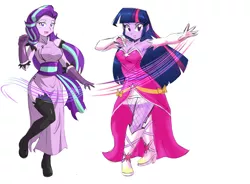 Size: 3808x2800 | Tagged: safe, artist:danmakuman, derpibooru import, edit, editor:backgroundlol, starlight glimmer, twilight sparkle, human, equestria girls, armpits, boots, cheongsam, chinese dress, clothes, cutie mark, cutie mark accessory, cutie mark on clothes, dress, female, gloves, high heel boots, high res, humanized, lesbian, looking at you, magic, open mouth, raised leg, shipping, shoes, simple background, smiling, socks, stockings, thigh highs, twistarlight, white background