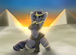 Size: 3500x2500 | Tagged: suggestive, artist:metalbladepegasus, derpibooru import, oc, oc:soriona, unofficial characters only, anthro, unicorn, absolute cleavage, anthro oc, arm behind head, armpits, breasts, cleavage, clothes, desert, egyptian, female, kneeling, mare, pyramid, sand, sun