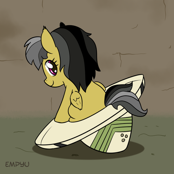 Size: 1000x1000 | Tagged: safe, artist:empyu, derpibooru import, daring do, pegasus, pony, 30 minute art challenge, cute, daring dorable, female, filly, folded wings, hat, looking at you, looking back, looking back at you, sitting, smiling, solo, wings, younger