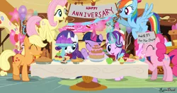 Size: 4096x2160 | Tagged: safe, artist:raindashesp, derpibooru import, applejack, fluttershy, pinkie pie, rainbow dash, rarity, starlight glimmer, twilight sparkle, alicorn, 35th anniversary, cake, food, happy birthday mlp:fim, mlp fim's eighth anniversary, twilight sparkle (alicorn)