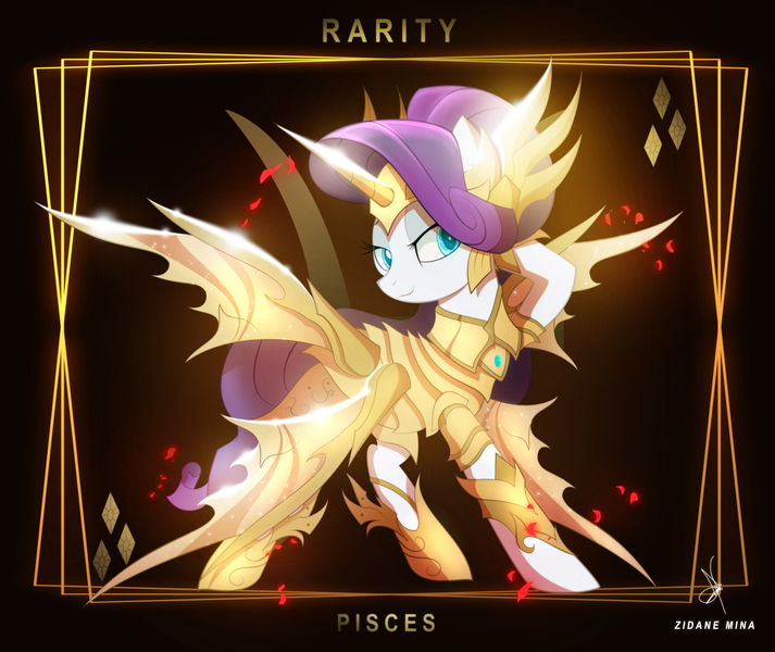 Size: 3840x3232 | Tagged: safe, artist:zidanemina, derpibooru import, rarity, pony, unicorn, anime, armor, armorarity, crossover, female, flower, gold saint, horn, horoscope, mare, petals, pisces, rose, rose petals, saint seiya, solo, zodiac