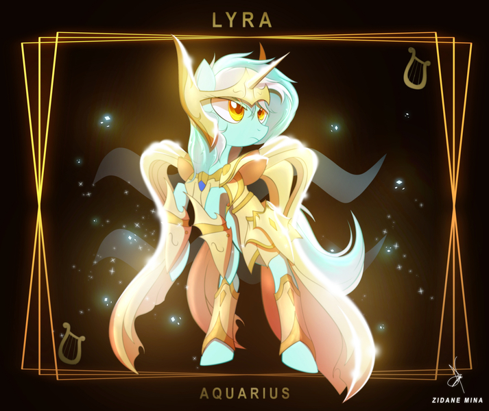 Size: 3840x3232 | Tagged: safe, artist:zidanemina, derpibooru import, lyra heartstrings, pony, unicorn, anime, aquarius, armor, crossover, female, god cloth, gold saint, horn, horoscope, mare, rearing, saint seiya, serious, serious face, solo, zodiac