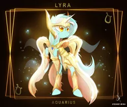 Size: 3840x3232 | Tagged: safe, artist:zidanemina, derpibooru import, lyra heartstrings, pony, unicorn, anime, aquarius, armor, crossover, female, god cloth, gold saint, horn, horoscope, mare, rearing, saint seiya, serious, serious face, solo, zodiac