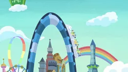 Size: 1280x720 | Tagged: safe, derpibooru import, screencap, apple rose, auntie applesauce, goldie delicious, granny smith, rainbow dash, cat, pony, grannies gone wild, equestria land, gold horseshoe gals, las pegasus, rainbow, rollercoaster, wild blue yonder