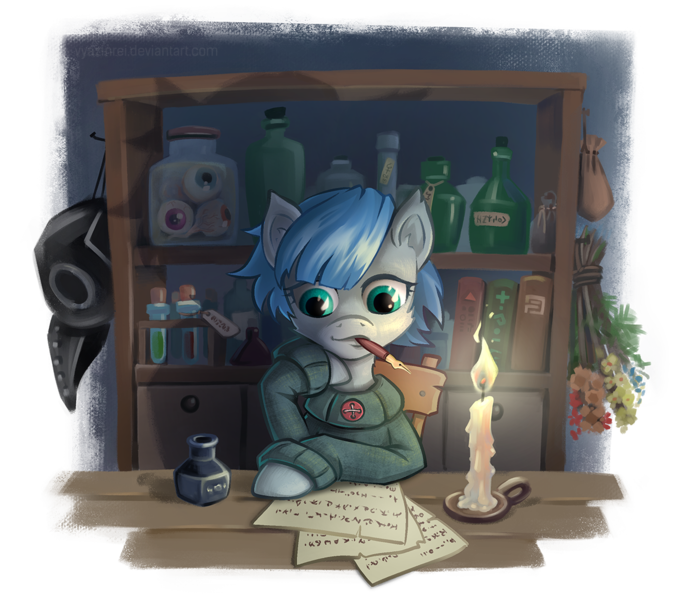 Size: 1240x1080 | Tagged: safe, artist:vyazinrei, derpibooru import, pony, bookshelf, bouquet, candle, clothes, colt, flower, green eyes, male, medication, merchant, nibpen, parchment, plague doctor mask, simple background, sitting, sweater, table, transparent background