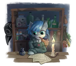 Size: 1240x1080 | Tagged: safe, artist:vyazinrei, derpibooru import, pony, bookshelf, bouquet, candle, clothes, colt, flower, green eyes, male, medication, merchant, nibpen, parchment, plague doctor mask, simple background, sitting, sweater, table, transparent background