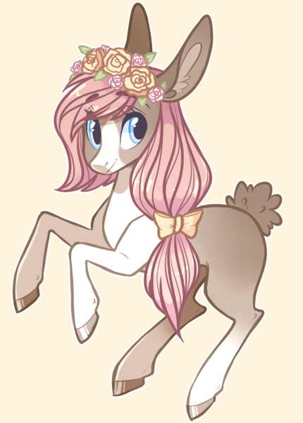 Size: 510x711 | Tagged: artist:sararini, derpibooru import, female, mare, oc, original species, rabbit pony, safe, simple background, solo, unofficial characters only, yellow background