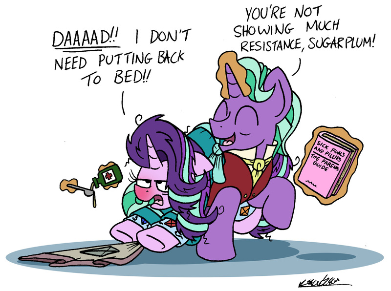 Size: 2146x1599 | Tagged: safe, artist:bobthedalek, derpibooru import, firelight, starlight glimmer, pony, unicorn, bathrobe, blanket, caring for the sick, clothes, duo, father and child, father and daughter, fathers gonna father, female, kite, magic, male, mare, medicine, messy mane, pajamas, red nosed, robe, sick, simple background, spoon, stallion, telekinesis, that pony sure does love kites, white background