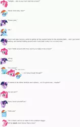 Size: 801x1266 | Tagged: safe, artist:dziadek1990, derpibooru import, pinkie pie, rainbow dash, twilight sparkle, pony, balloon, balloon animal, bored, bow, conversation, dialogue, emote story, emotes, herb, herbs, implied zecora, knot, limp horn, noose, poison joke, reddit, slice of life, waiting