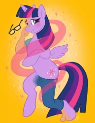 Size: 800x1035 | Tagged: safe, artist:hornbuckle, derpibooru import, twilight sparkle, twilight sparkle (alicorn), alicorn, pony, bipedal, blushing, disappearing clothes, glasses, hand on face, human to pony, magic, male to female, rule 63, simple background, smiling, solo, sparkles, transformation, transgender transformation, yellow background