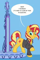 Size: 800x1175 | Tagged: safe, artist:hornbuckle, derpibooru import, sunset shimmer, pony, unicorn, equestria girls, blue background, clothes, commission, happy, jacket, leather jacket, mirror portal, raised leg, simple background, smiling, solo, speech bubble, transformed