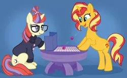 Size: 1280x781 | Tagged: safe, artist:hornbuckle, derpibooru import, moondancer, sunset shimmer, pony, unicorn, blue background, clothes, commission, d20, dice, dm screen, dungeon master, dungeons and dragons, duo, glasses, ogres and oubliettes, pen and paper rpg, playing, rpg, simple background, smiling, sweater, table, tabletop game