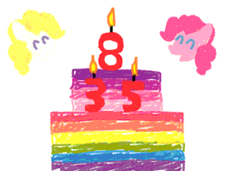 Size: 1152x865 | Tagged: safe, artist:yoshimon1, derpibooru import, pinkie pie, surprise, earth pony, pegasus, pony, 35th anniversary, animated, birthday cake, cake, crayon effect, doodle, duo, female, floating head, food, gif, happy birthday mlp:fim, mare, mlp fim's eighth anniversary, simple background, white background