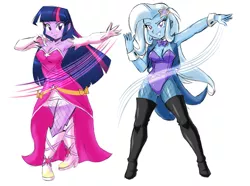 Size: 3666x2728 | Tagged: safe, artist:danmakuman, derpibooru import, edit, editor:backgroundlol, trixie, twilight sparkle, equestria girls, armpits, boots, clothes, costume, cutie mark accessory, dress, duo, evening gloves, female, fishnets, gloves, high heel boots, leotard, lesbian, long gloves, magician outfit, pantyhose, shipping, shoes, simple background, smiling, thigh boots, twixie, underass, white background