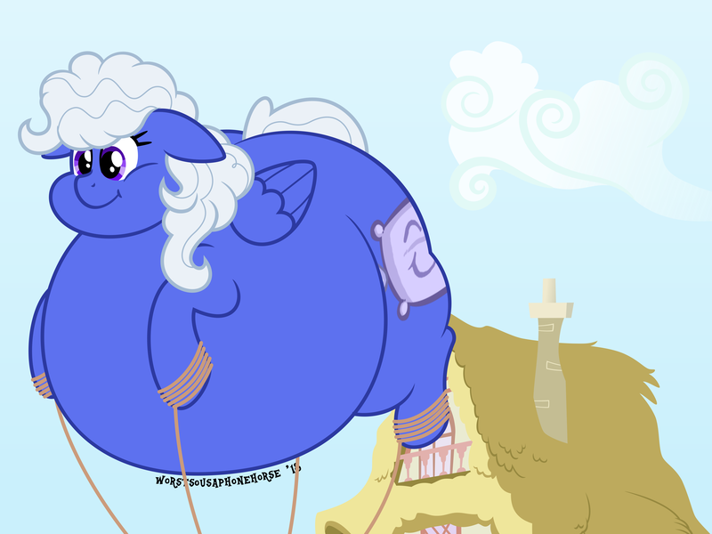 Size: 6250x4688 | Tagged: suggestive, artist:worstsousaphonehorse, derpibooru import, oc, oc:comfy pillow, unofficial characters only, pegasus, pony, absurd resolution, air inflation, belly, big belly, commission, floating, inflation, parade balloon, ponyville, puffy cheeks, rope, sky, ych result