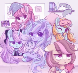 Size: 2364x2216 | Tagged: safe, artist:dressella, derpibooru import, oc, cat, earth pony, pegasus, pony, rabbit, unicorn, animal, bed, book, clothes, cute, female, hat, mare, mobile phone, one eye closed, pajamas, phone, shirt, smiling, tongue out