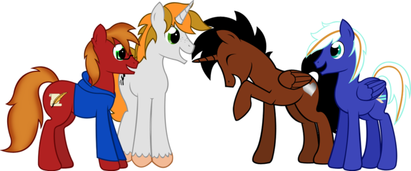 Size: 1024x426 | Tagged: safe, artist:thecheri, derpibooru import, oc, oc:brave heart, oc:braveheart, oc:creative streak, oc:electric blue, oc:gentlesteps, unofficial characters only, alicorn, earth pony, pegasus, pony, unicorn, alicorn oc, digital art, horn, male, simple background, smiling, stallion, transparent background, wings