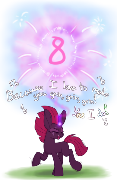 Size: 1294x2000 | Tagged: safe, artist:heir-of-rick, derpibooru import, fizzlepop berrytwist, tempest shadow, pony, unicorn, anniversary, broken horn, cute, description is relevant, dialogue, eye scar, eyes closed, female, fireworks, happy birthday mlp:fim, hidden cane, horn, impossibly large ears, lyrics, mare, mlp fim's eighth anniversary, raised hoof, scar, simple background, smile song, solo, song reference, tempest the birthday guest, tempestbetes, text, transparent background