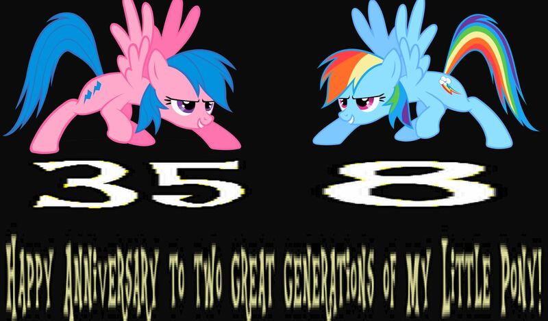 Size: 2032x1192 | Tagged: safe, artist:mellow91, derpibooru import, firefly, rainbow dash, pegasus, pony, 1000 hours in ms paint, 35th anniversary, black background, duo, female, g1, g1 to g4, g4, generation leap, happy birthday mlp:fim, mare, mlp fim's eighth anniversary, raised hoof, simple background, smiling, text