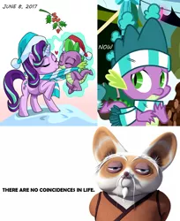 Size: 1118x1367 | Tagged: best gift ever, clothes, derpibooru import, female, holly, holly mistaken for mistletoe, i have questions, kissing, kung fu panda, male, safe, scarf, shifu, shipping, sparlight, spike, starlight glimmer, straight, text