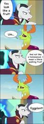 Size: 604x1697 | Tagged: safe, derpibooru import, edit, edited screencap, screencap, chancellor neighsay, thorax, changedling, changeling, pony, unicorn, school daze, comic, dragonball z abridged, eggplant, food, king thorax, male, screencap comic, skittling, stallion, team four star, trunks, vegeta