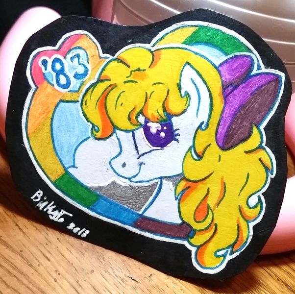 Size: 1609x1603 | Tagged: safe, artist:binkyt11, derpibooru import, surprise, pegasus, pony, 1983, 35th anniversary, 80s, adoraprise, bow, bust, cloud, cute, female, g1, g1 to g4, g2, g3, g3.5, generation leap, hair bow, heart, logo, looking back, mare, signature, solo, starry eyes, traditional art, wingding eyes
