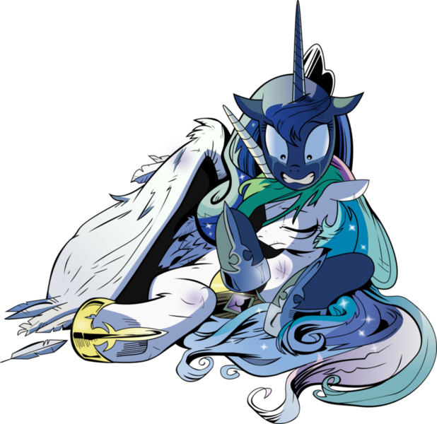 Size: 907x881 | Tagged: safe, artist:andypriceart, derpibooru import, idw, princess celestia, princess luna, alicorn, pony, reflections, spoiler:comic, crying, duo, ethereal mane, female, hoof shoes, hurt/comfort, injured, mare, royal sisters, siblings, simple background, sisters, starry mane, transparent background, vector