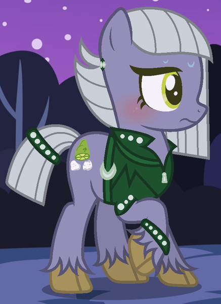 Size: 656x900 | Tagged: safe, artist:razorbladetheunicron, derpibooru import, limestone pie, earth pony, pony, lateverse, base used, belt, blushing, bracelet, clothes, costume, cutie mark, ear piercing, earring, embarrassed, female, jacket, jewelry, leather jacket, mare, nervous, nightmare night, nightmare night costume, piercing, punk rock, solo, unshorn fetlocks, zipper