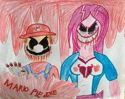 Size: 1004x796 | Tagged: semi-grimdark, derpibooru import, pinkie pie, equestria girls, blood, breasts, creepy, crossover, crossover shipping, female, male, mario, mariopie, pinkamena diane pie, shipping, straight, super mario bros., traditional art